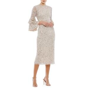 Mac Duggal 10802 Gold and Silver Cocktail Dress Sequin Long Sleeve Midi Size 22